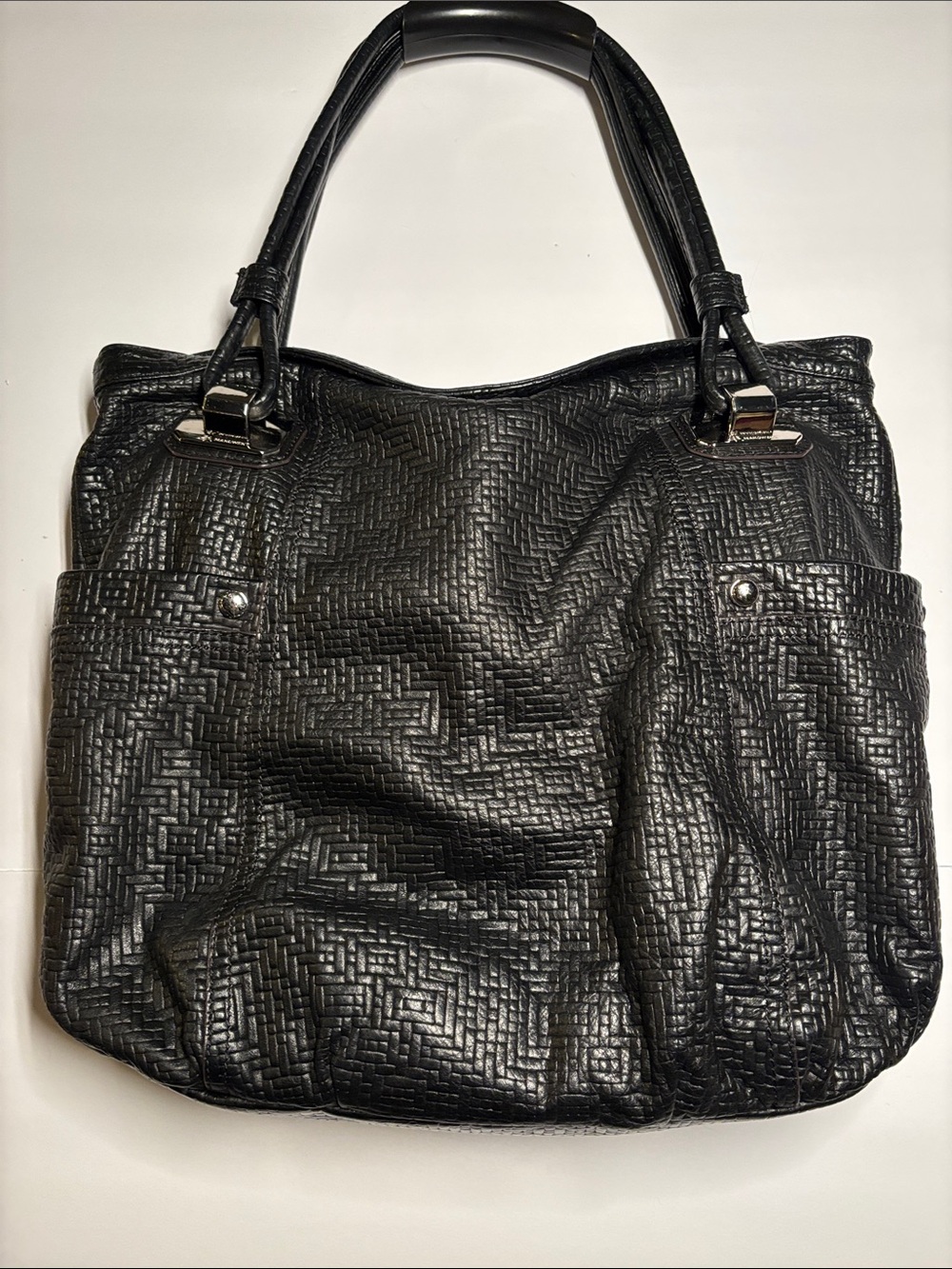 b. makowsky Black Textured Leather Tote with Silver Hardware